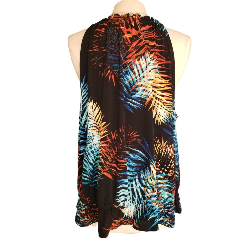 Worthington Womens XL Sleeveless Blouse Tropical Print Halter Ruffle Tank Boho - Picture 7 of 9